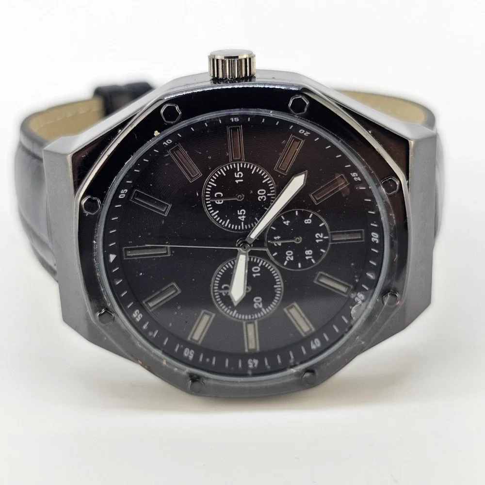 Men's Analog Watch 44MM Black Dial Case Black Faux Leather Bands New Battery